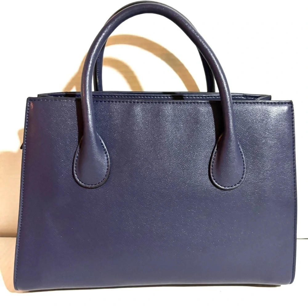 Celine Dion Elegant Navy blue satchel leather Handbag with Gold Accents